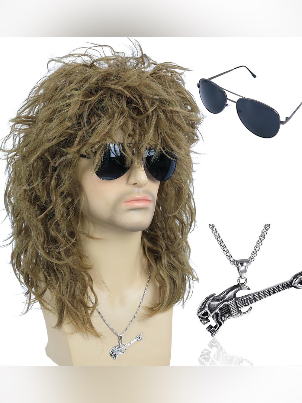 80s Rocker Curly Wig And Accessories Halloween Cosplay Necklace Sunglasses